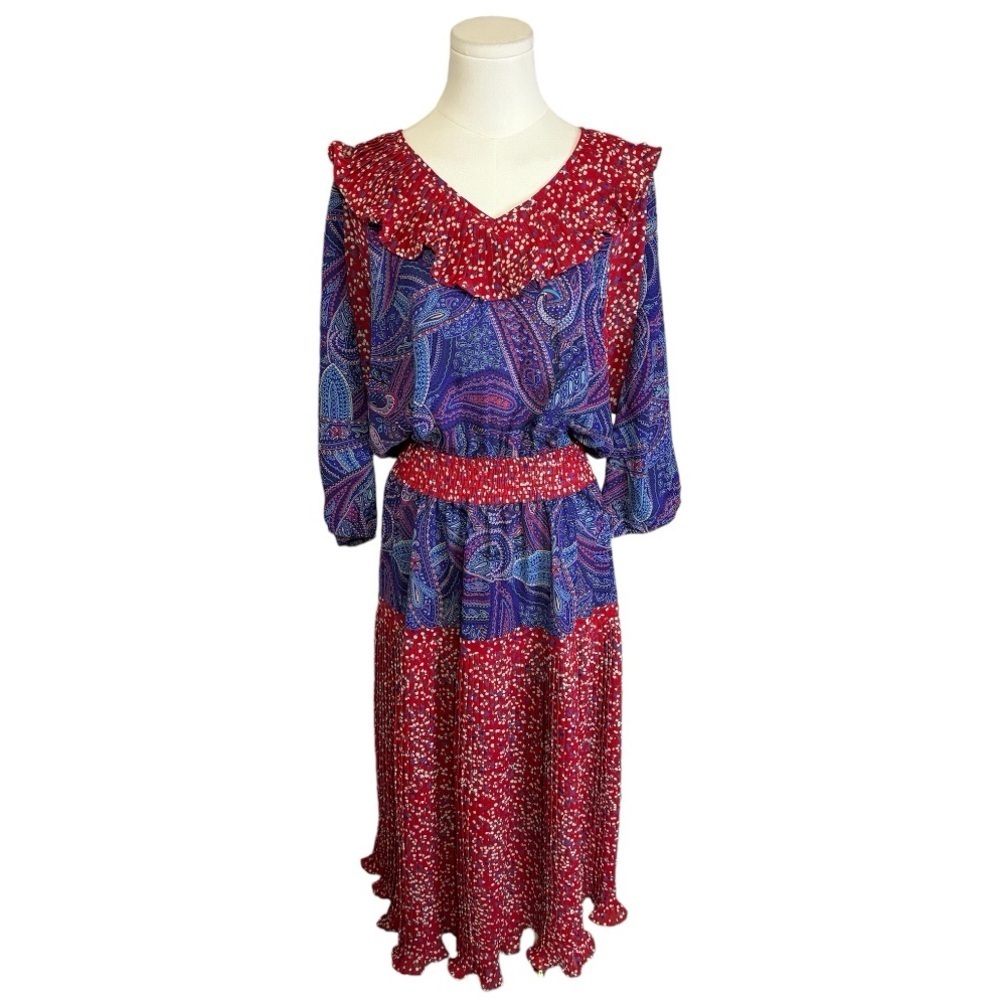 VINTAGE 1980’s‎ SUSAN FREIS Floral Paisley Ruffe Dress VTG size M Red ASSORTI